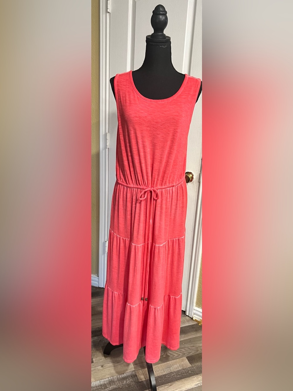 Coral Sleeveless Tiered Maxi Dress with Drawstring Waist